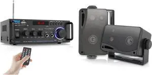 Pyle Wireless Bluetooth Stereo Power Amplifier & Mini Box Speaker System - 3.5 Inch 200 Watt Weatherproof Marine Grade Mount Speakers (Black)