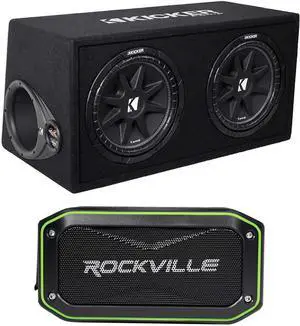 KICKER Audiosavings Bundle 43DC122 Comp Dual 12" Subwoofers in Vented Sub Box Enclosure, 2-Ohm Bundle with Rockville Rock Anywhere Waterproof Portable Bluetooth Speaker+TWS Stereo Linking (2 Items)