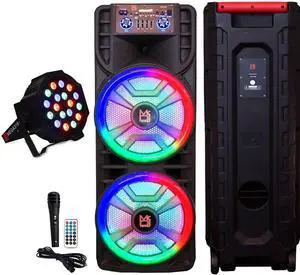 MR DJ USA Newyork+ 12" X 2 Rechargeable Portable Bluetooth Karaoke Speaker with Party Flame Lights Microphone TWS USB FM Radio + 18-LED Slim Par Wash DJ Light