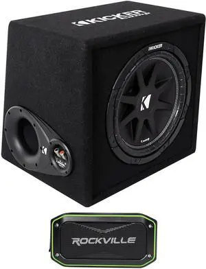 KICKER 43VC124 Comp 12" Subwoofer in Vented Sub Box Enclosure, 4-Ohm Bundle with Rockville Rock Anywhere Waterproof Portable Bluetooth Speaker (2 Items)