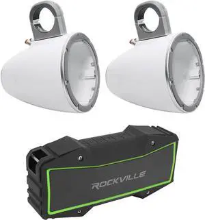 KICKER Pair 12KMTESW Marine 6" Or 6.5" Speaker Wakeboard Tower Enclosures Bundle with Rockville Rock Everywhere Portable Bluetooth Speaker