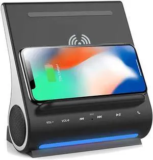 Fast 15 Watts Wireless Charger Sound Hub Bluetooth Speaker with Upgraded Mic Handsfree Calling Two USB Ports, Upright View Angle, Space Saving 4 in 1 Dock