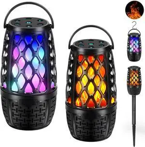 Outdoor Speakers, Colorful LED Flame Speaker, Outdoor Bluetooth Speakers Waterproof Wireless, Bluetooth 5.3, Stereo Sound, Portable Wireless Speaker with Stake, Hook for Patio/Yard/Porch(2 Pack)