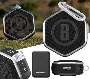PlayBetter Bushnell Wingman Mini (Silver/Black) Magnetic GPS Golf Speaker Bundle Portable Charger - Music & Audible Distances Bluetooth Speaker for Golf Cart - 36,000+ Courses