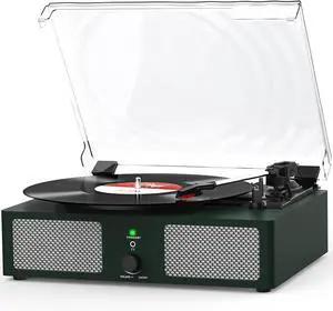 Vinyl Record Player with Build in Speakers Vintage Portable Turntable Supports Bluetooth Receiver USB Input,AUX Input,RCA Line Out,3 Speed and Headphone Jack DarkGreen