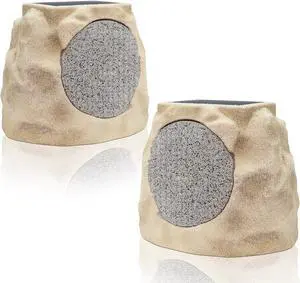 2-Pack Solar Powered Rock Speakers Outdoor Water-Resistant IP44 with Lights 7 Colors, TWS Pair Function for Patio Outside Deck Pool Garden BBQ