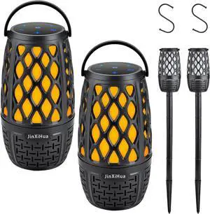 2 Pack Portable Led Flame Speaker, Waterproof Speakers with Stakes and Hooks, Synchronize Multiple Speakers, Night Lights, for Patio Porch Garden Home Backyard Decor.