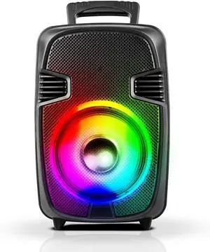 Top Tech Bull-8 Portable Bluetooth Speaker 8-Inch Sub Woofer, TWS, Multi-Color Disco Lights, Karaoke Mode, 6 Hr Battery, TF Card, USB, FM Radio, AUX Input & Wireless Microphone Compatible