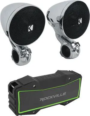 Audiosavings Bundle: (2) Kicker 47PSM32 3" 100w PSM Motorcycle/ATV Handlebar Speakers in Chrome PSM32 Bundle with (1) RV Rock Everywhere Portable Bluetooth Speaker/Waterproof/Wireless Link (Items 3)