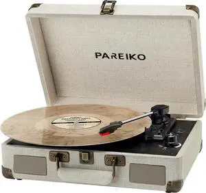 Retro Record Player 3 Speed Belt-Driven Portable Suitcase Turntable with Wireless Bluetooth Built-in Battery Vinyl Player RCA Line Out/AUX in 3.5mm Headphone Jack, Linen