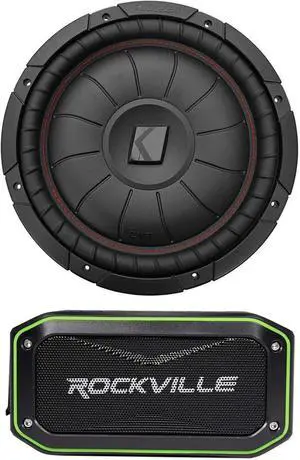 Audiosavings Bundle: Kicker 43CVT124 COMPVT 800w 12" 4-Ohm SVC Shallow Slim Car Subwoofer Sub CVT12-4 Bundle with Rockville Rock Anywhere Waterproof Portable Bluetooth Speaker+TWS Linking (2 Items)