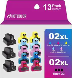 HOTCOLOR Remanufactured for hp 02 Ink Cartridges Replacement for HP C6280 Ink cartridges Photosmart c7250 Ink C7200 C7280 8250 C6180 C5280 Printer (3BK/2C/2M/2Y/2LC/2LM, 13-Pack)