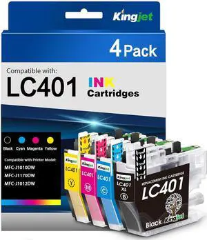 Kingjet LC401 Ink Cartridges Replacement for Brother LC401 LC401XL LC401 XL Compatible with Brother MFC-J1010DW MFC-J1012DW MFC-J1170DW Printer, LC401BK LC401C LC401M LC401Y 4-Pack