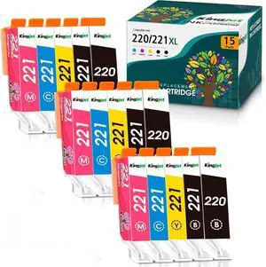 Kingjet Compatible PGI220 CLI221 Ink Cartridge Replacement for Canon PGI-220 CLI-221 Work with MX870 MX860 MP620 MP560 MP980 (3 Large Black, 3 Cyan, 3 Magenta, 3 Yellow, 3 Small Black) 15 Pack
