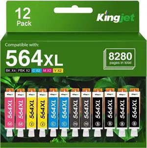 Kingjet Compatible 12 Pack 564XL Ink Cartridges for HP Printers Replacement for HP 564 Ink Cartridges 564 XL Work with HP Photosmart 7520 6520 5520 7525 DeskJet 3520 3522 Printer,(4BK/2PGBK/2C/2Y/2M)