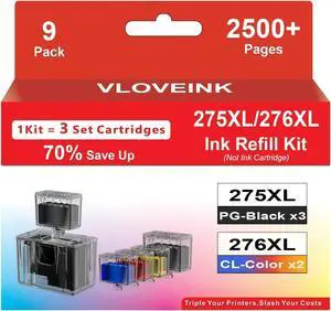 PG-275 XL/CL-276 XL Ink Refill Kit for Canon 275XL 276XL Ink Cartridges (3BK/2C/2M/2Y) for Canon PIXMA TS3720 TR4720 TR4725 TS3722 TR4700 TS3522 TS3500 TS3520 TS3700 Printer, 9 Pack