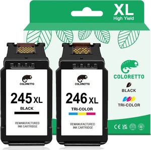 COLORETTO Ink Cartridges 245XL 246XL for Canon Pixma MX492 MX490 TR4527 TR4522 TR4520 MG3020 MG2929 MG2920 MG2525 TS3325 TS3320 TS3129 IP2820 Printer Remanufactured PG245 CL246 XL 1 Black 1 Tri-Color COLORETTO Ink Cartridges 245XL 246XL for Canon Pixma MX492 MX490 TR4527 TR4522 TR4520 MG3020 MG2929 MG2920 MG2525 TS3325 TS3320 TS3129 IP2820 Printer Remanufactured PG245 CL246 XL 1 Black 1 Tri-Color