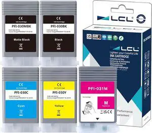 LCL Compatible Pigment Ink Cartridge Replacement for Canon PFI030 PFI-030 PFI-031 PFI-030MBK PFI-030BK PFI-030C PFI-031M PFI-030Y for ImagePrograf TM-240 ImagePrograf TM-340 Printer (5-Pack KCMYMBK)