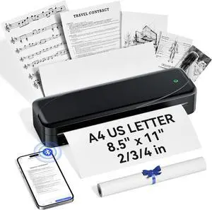 Portable Printer Wireless for Travel, Bluetooth Thermal Printer Support 8.5" X 11" US Letter & A4 Thermal Paper, Inkless Printer Compatible with iOS, Android & Laptop for Office School Car (Black)