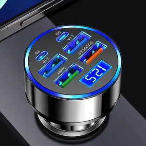 6-in-1 Multi-Port Car Charger with Voltage Detection 2PD+3USB+QC3.0 Fast Charge Cigarette Lighter Plug Adapter Compatible with iPhone Android iPad Pro and More