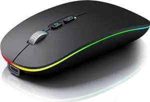 LED Bluetooth Mouse, Rechargeable Silent Bluetooth Wireless Mouse Dual Mode (BT 5.1 + 2.4G USB) with Home Button, Portable Optical RGB Cordless Mice for Laptop Computer PC Mac, Black