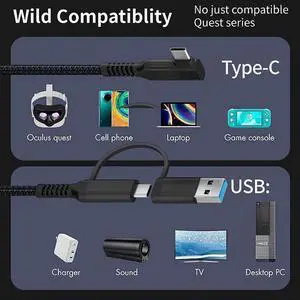 USB C & USB A (2 in 1) to USB C Link Cable 10FT/3M Compatible with Oculus/Meta Quest 2, High Speed PC Data Transfer Link Cable, Fast Charging USB 3.1 Gen2 to USB C Cable for VR Headset and Gaming PC