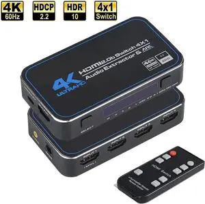 HDMI Switch 4x1 with Audio Extractor, 4K@60Hz Ultra HD HDMI Switcher with Optical TOSLINK SPDIF, 3.5mm Audio Support ARC Function, 3D, 1080P @120Hz, 4Kx2k @60Hz HDTV (IR Remote Control)