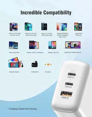 USB C Charger Block, 65W 3 Port QC + PD3.0 GaN Power Adapter Type C Fast Charging Block Wall Plug for Mac-Book Pro/Air, i-Pad Pro, i-P-hone 15 Pro Max/14/13/12, Android Phones etc.. (White)