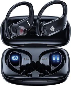 Ture Wireless Earbuds Bluetooth Headphones 48hrs Playtime Sport Earphones with LED Display TWS Stereo Deep Bass Ear Buds with Earhooks Waterproof in-Ear Built-in Mic Headset for Running Workout
