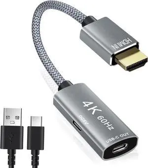 HDMI Male to USB-C Female Cable Adapter with USB-C Power Cable Type C 3.1 (Display) to HDMI (Source) Converter 4K 60Hz Thunderbolt 3 Adapter for New MacBook Pro Mac Surface Xreal Air Rokid