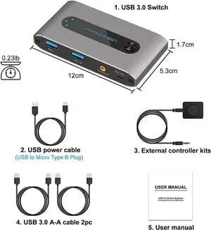 USB 3.0 Switch, 2 in 4 out USB 3.0 Switch, USB KVM Switcher 2 Computer Sharing 4 USB Devices with Wire Desktop Controller and 2 Pack USB 3.0 A-A Cable