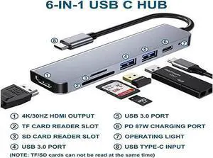 6 Ports USB C Hub Adapter, USB C Docking Station with HDMI 4k, USB 3.0, 87W Power Delivery, SD/TF Card Slots, for MacBook Series
