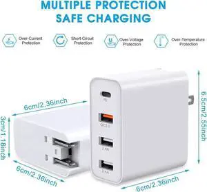 USB C Charger, 48W 4 Ports Fast Charging PD Wall Chargers Quick Charge 3.0, Multi Port USB-C Travel Adapter for SamsungS10/S9/S8/Plus, iPhone Xs/Max/XR/iPhone11, Mainstream Models, Fully Compatible