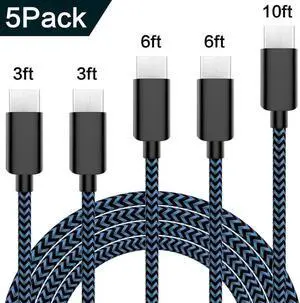 USB Type C Cable 5Pack (3/3/6/6/10FT) Nylon Braided USB C Cable Fast Charger Charging Cord Compatible Samsung Galaxy S9 S8 Note 9 Note 8 Plus,LG V30 G6 G5 V20,Google Pixel, Moto Z2 (Blue)