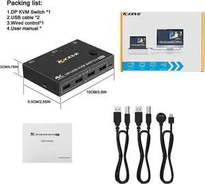 2 Port Display Port KVM DP Switch 2 in 1 Out, DisplayPort KVM Switcher Support 4K @60Hz Control Up to 2 Computers for Share Keyboard, Mouse, Monitor