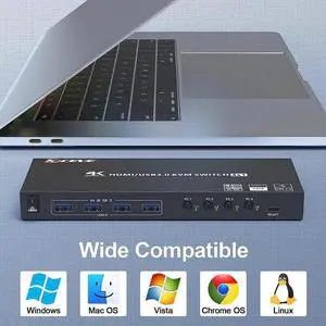 USB 3.0 KVM Switch HDMI 4 Port Support 4K @60Hz 2K @120Hz Simulation EDID, HDMI USB3.0 Switch for 4 Computers Share 1 Monitor with 4 USB 3.0 Port, with Desktop Controller and KVM Cables