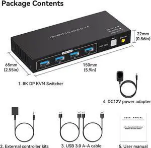2 Port Displayport KVM Switch 2 in 1 Out, Support 4K @120HZ 8K @60HZ DP 1.4 USB 3.0 KVM Switcher for 2 Computers Share Keyboard Mouse Printer with 4x USB 3.0 Includes Desktop Control and 2 USB Cables