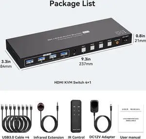 HDMI 2.1 KVM Switch 4 Computers 1 Monitor, 8K@60Hz 4K@120Hz 4 Port HDMI KVM Switches For 4 PCs Share 4 USB Devices Like Keyboard Mouse Printer etc. With Remote Controller & Other External Accessories