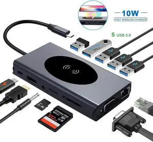 USB C Hub Multiport Adapter, 13 in 1 Type C Docking Station with Ethernet/Wireless Charge/4K HDMI Output/USB 3.0 Ports/60W PD/SD TF Card Reader for MacBook Pro