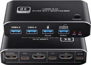 8K @60Hz HDMI2.1 KVM Switch 2 in 1 Out, 2 Port HDMI 2.1 USB KVM Switch for 2PC Shares 1 Set Mouse, Keyboard and Monitor, Support 8K @60Hz, 4K @120Hz, Hotkey, 4x USB 3.0 Port, HDMI2.1 in/Out Port