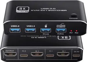 8K @60Hz HDMI2.1 KVM Switch 2 in 1 Out, 2 Port HDMI 2.1 USB KVM Switch for 2PC Shares 1 Set Mouse, Keyboard and Monitor, Support 8K @60Hz, 4K @120Hz, Hotkey, 4x USB 3.0 Port, HDMI2.1 in/Out Port