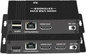 HDMI KVM USB Extender 1080P 60Hz, HDMI KVM USB Extender Over Cat5/6 Ethernet Cable Signal Extension to 196FT/60M Support USB Keyboard Mouse Plug & Play (Transmitter and Receiver)