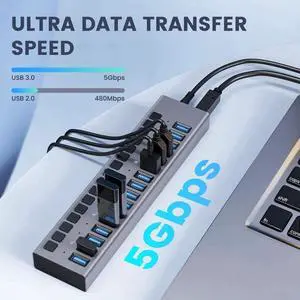 Powered USB Hub - ACASIS 16 Ports 90W USB 3.0 Data Port, Individual On/Off Switches, 12V/7.5A Power Adapter, 5Gbps High Speed, USB 3.0 Hub for Laptop, PC, Computer, Mobile HDD, Flash Drive