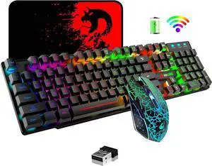 Wireless Gaming Keyboard and Mouse,Rechargeable Rainbow Backlit Keyboard Mouse with 3800mAh Battery,Mechanical Feel Gaming Keyboard,7 Color Gaming Mute Mouse,Gaming Mouse Pad for PC Gamers