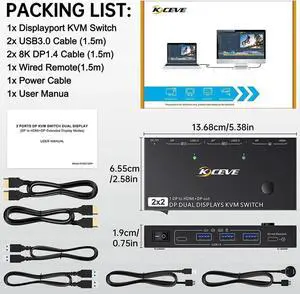 MST Displayport KVM Switch 2 Monitors 2 Computers 4K @144Hz, (1 DP in,DP+HDMI Out), Dual Monitor KVM Switch Displayport 1.4 with 4 USB 3.0 Port for USB Device, Wired Remote and 4 Cables Included