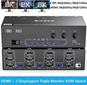 KVM Switch 3 Monitors 3 Computers 8K@60Hz, HDMI + 2* Displayport Triple Monitor KVM Switch with 4 USB 3.0 Ports for Keyboard Mouse Printer, Wired Remote, USB Cable and Power Adapter Included