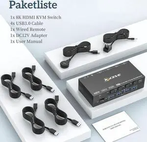 AUTYUE 8K@60Hz KVM Switch HDMI 4 Port, 4 PC 1 Monitor HDMI KVM Switch 4 in 1 Out, EDID Simulation, For 4 Computers Share 1 Monitor and 4 USB 3.0 Port, with Wired Remote, Power Adapter & USB 3.0 Cable
