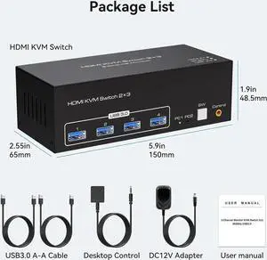 4K144Hz Triple Monitor HDMI KVM Switch 3 Monitors 2 Computers 8K60Hz 2 PC 3 Monitors KVM Switches With 4 Ports USB 3.0 to Connect Keyboard Mouse and Printer Includes 2 USB 3.0 Cables and DC12V Adapter