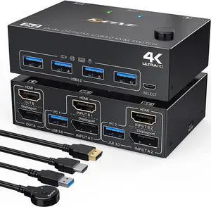 Dual Monitor Displayport HDMI USB 3.0 KVM Switch 2 Computer 2 Monitors, DP HDMI KVM Switcher Supports 4K @60Hz for 2 Computers Share Keyboard, 4 USB 3.0 Ports, Wired Remote and 4 Cables Included