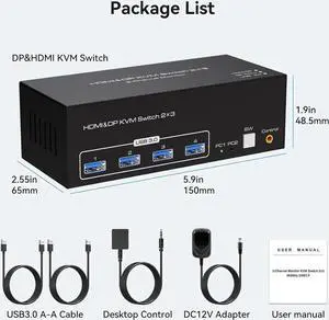 8K@60Hz HDMI+2 Displayport KVM Switch 3 Monitors 2 Computers 4K@120Hz USB 3.0 2 DP + HDMI KVM Swtiches Triple Monitor for 2 PC Share 1 Set of Keyboard Mouse Printer Hard Disk Etc Support Extended Mode